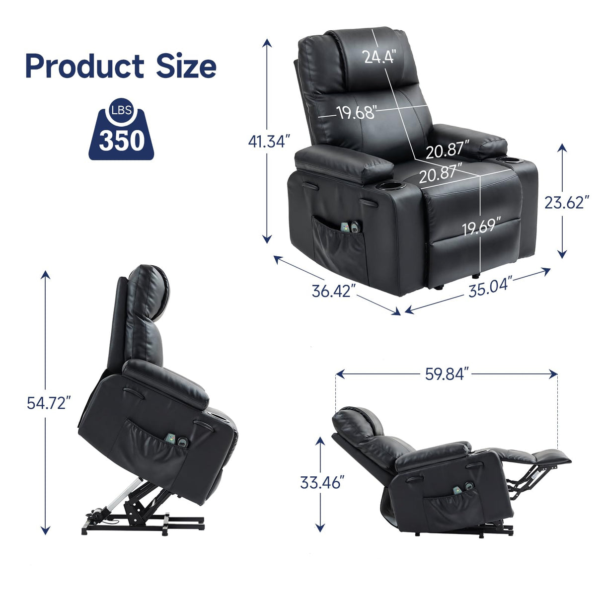 Power Lift Recliner Chair for Elderly with Massage & Heat, 160° Adjustable PU Leather Electric Recliner with Remote, Cup Holders, Side Pockets, and Stand Assist for Living Room, Bedroom (Black) Brage Living