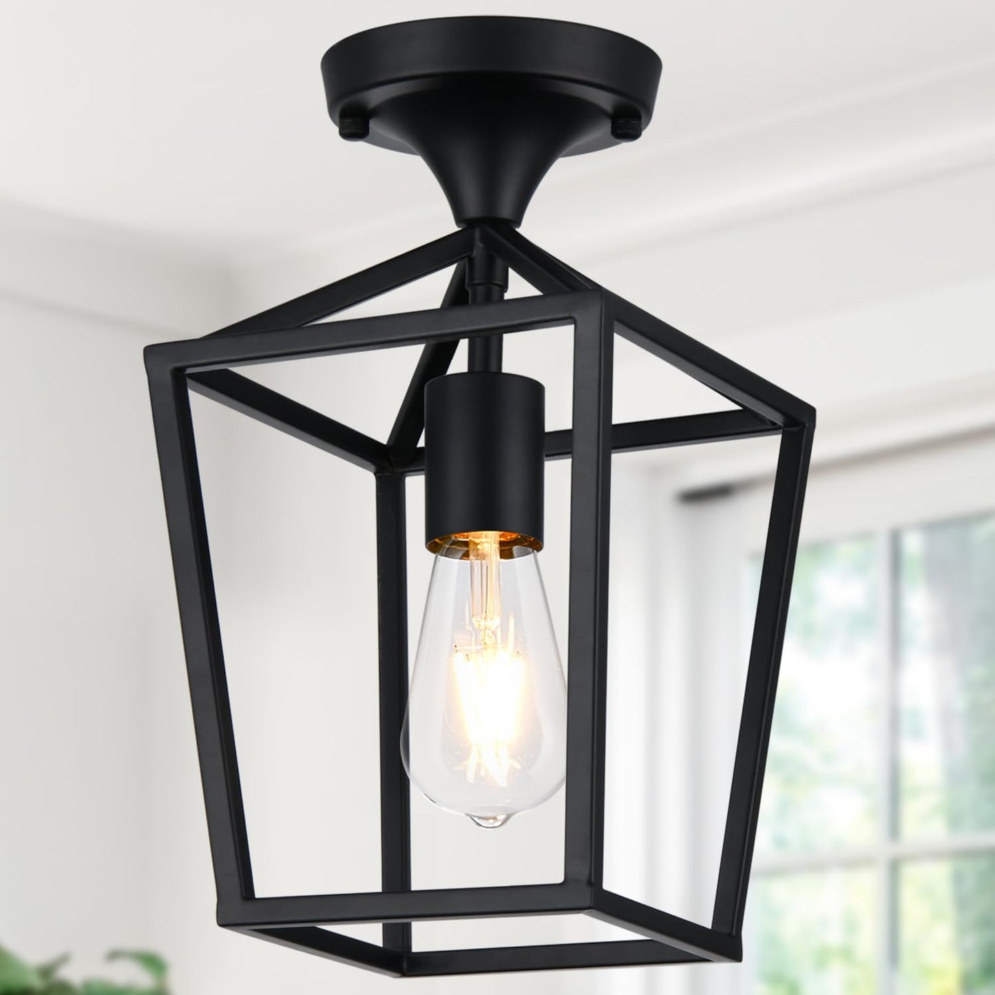 【Upgraded】 Semi Flush Mount Ceiling Light, Black Industrial Ceiling Light Fixtures, Farmhouse Light Fixture for Entryway Porch Hallway Stairway Garage Living Room Dining Room Balcony