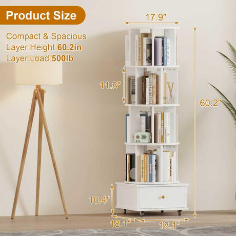 LMSXG-MZ 360° Rotating Bookshelf with Metal Wheels & Drawers for Living Room, Bedroom, Space-Saving Bookcase Organizer & Large Capacity Display Rack (4-Tier) LMSXG-MZ