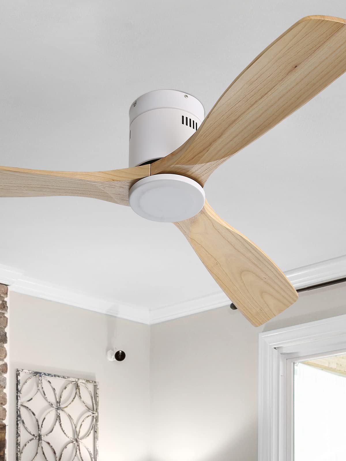 Sofucor 52'' Ceiling Fan no Light, Low Profile Ceiling Fan without Light, Flush Mount Ceiling Fan with Remote Control, Quiet Energy Saving with 6 Speeds, Timer, Light Wood Grain Sofucor