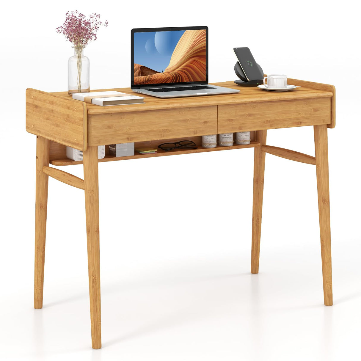 Giantex Computer Desk, 39.5" Bamboo Home Office Desk with 2 Storage Drawers and Open Shelf, Makeup Table Vanity Desk, Modern Writing Desk Computer Workstation for Bedroom, Study, Natural Giantex