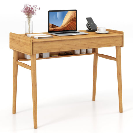Giantex Computer Desk, 39.5" Bamboo Home Office Desk with 2 Storage Drawers and Open Shelf, Makeup Table Vanity Desk, Modern Writing Desk Computer Workstation for Bedroom, Study, Natural Giantex