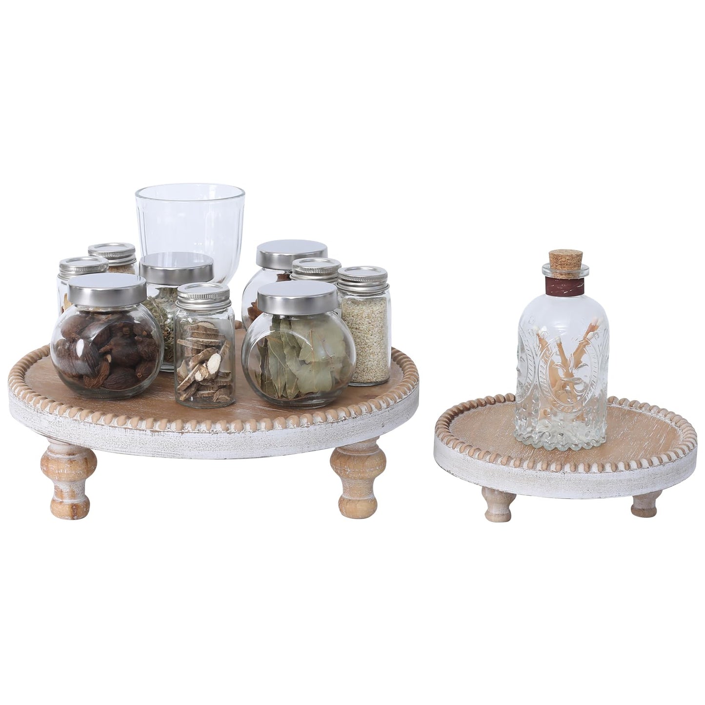 SwallowLiving Rustic Set of 2 Round Wood Tray Riser Farmhouse Pedestal Stand with Beaded Edge for Decor Wooden Finish Cupcake Display for Cakes and Decorative Items 11.8/7.5 inches