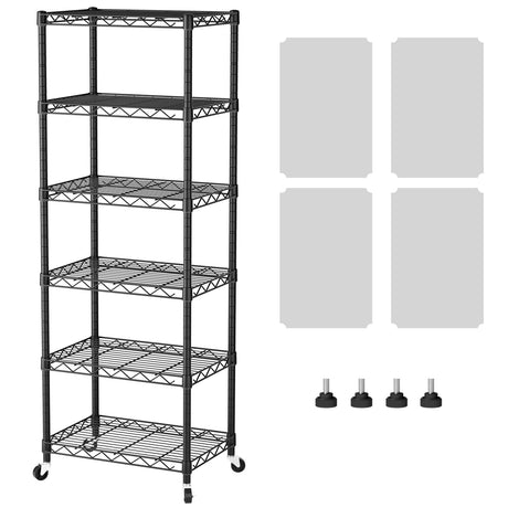 SINGAYE 6 Shelf Storage Wire Shelves Closet Bathroom Organizers Metal Pantry Kitchen Small Garage Shelving Unit Laundry Room Organization Home Narrow Rack Net Basket with Wheels Black SINGAYE