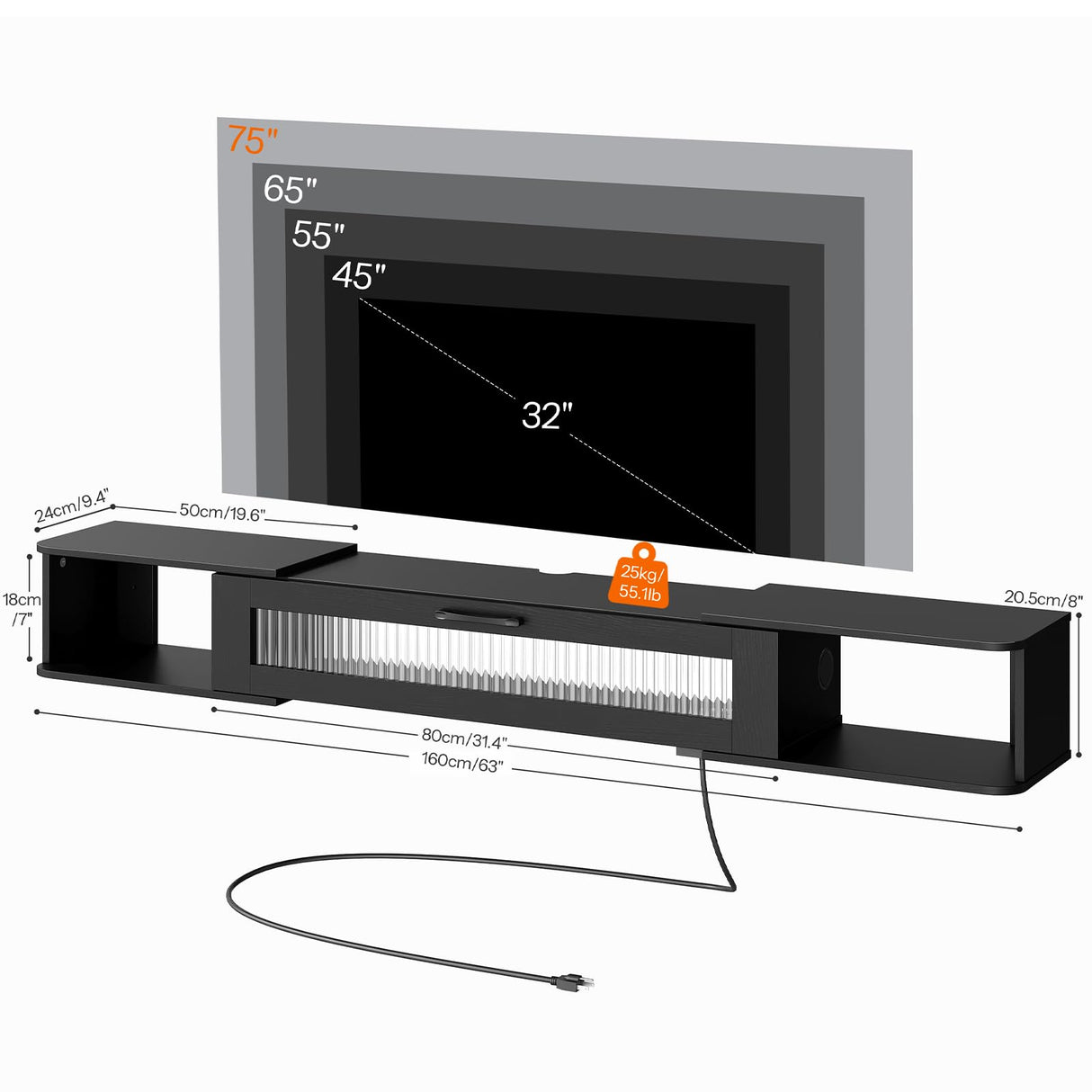 HOOBRO Floating TV Stand with LED Light Power Outlet for TVs up to 75”, Wall Mounted TV Shelf, Modern Media Console Entertainment Center Under TV, for Living Room Bedroom, Black BK36UDDS01 HOOBRO