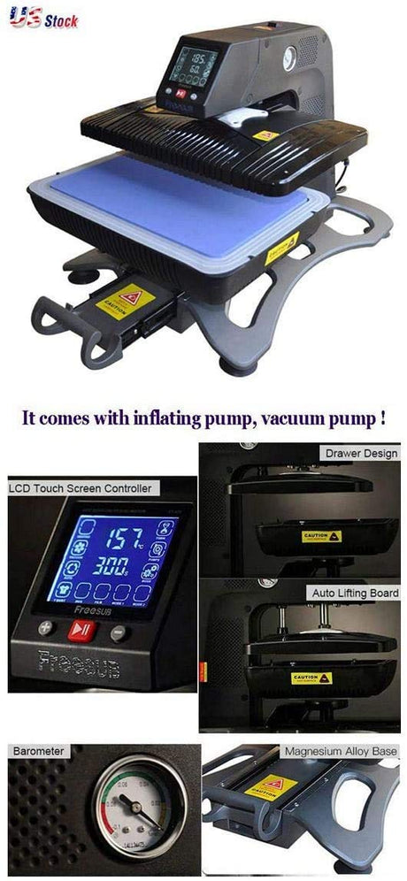 US Stock Multifunctional 110V All in 1 Auto Open Pneumatic T Shirt Heat Press Machine 3D Sublimation Vacuum Heat Transfer Machine for Phone Cases,Plate Bottles, Mugs Black WoodArtSupply