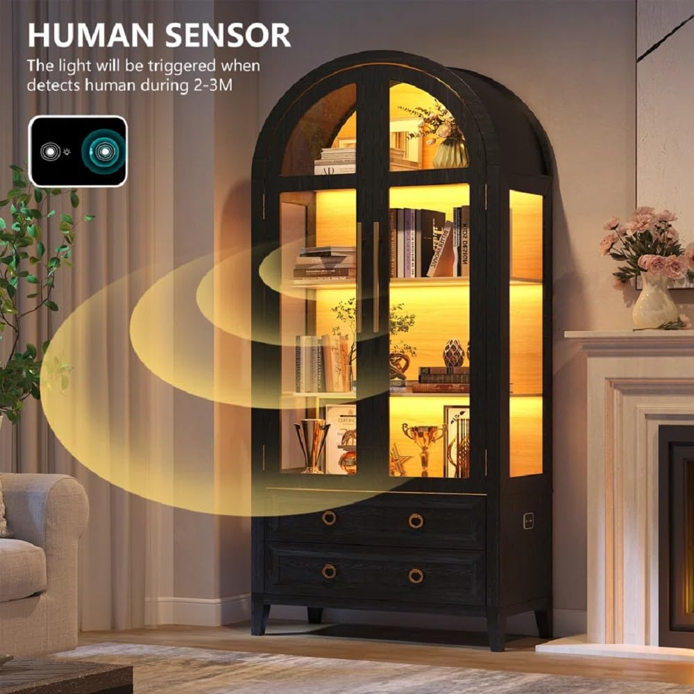 EOAWE Arched Curio Cabinet with Glass Doors, 4-Tier Display Cabinet with 2 Drawers, Tall Bookcase with 3 Color Lights, Display Case, Kitchen Pantry, Black+Wood EOAWE