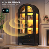 EOAWE Arched Curio Cabinet with Glass Doors, 4-Tier Display Cabinet with 2 Drawers, Tall Bookcase with 3 Color Lights, Display Case, Kitchen Pantry, Black+Wood EOAWE