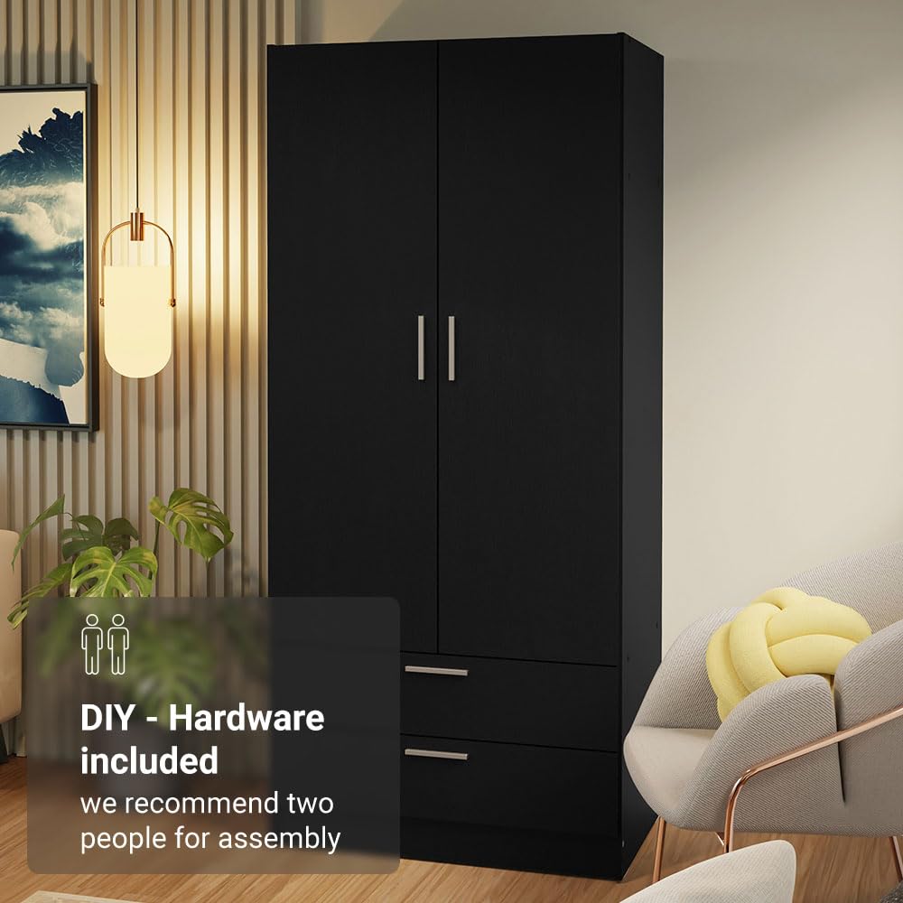 Madesa 2 Door 2 Drawer Storage Cabinet Wardrobe with Shelf and Hanging Space 31" L Wooden Armoire Closet Organization Unit for Bedroom and Office - Black Madesa