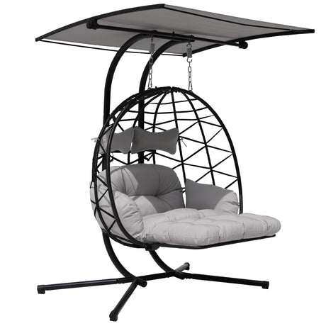 Double Egg Chair Outdoor with Stand & Adjustable Canopy, Extra Large 2 Person Patio Egg Chair with Leg Rests, Hanging Swing Chair with Thickened Cushion, Swinging Love Seat for Outdoor Patio (HQH) VIXLON