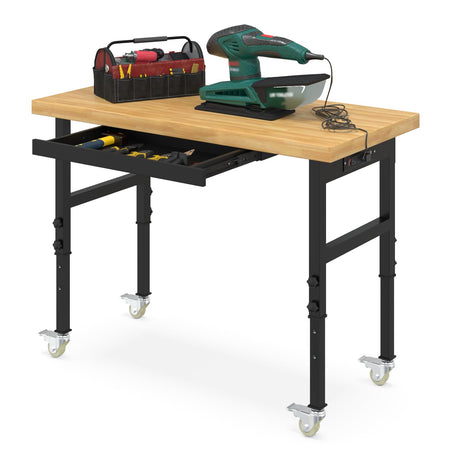 Wanmwill 48"x24" Solid Wood & Heavy-Duty Work Bench Workbench, Adjustable Height Work Table with Wheels, Power Outlets and Drawer, 2000 LBS Capacity Workstation Work Benches for Garage, Workshop Wanmwill
