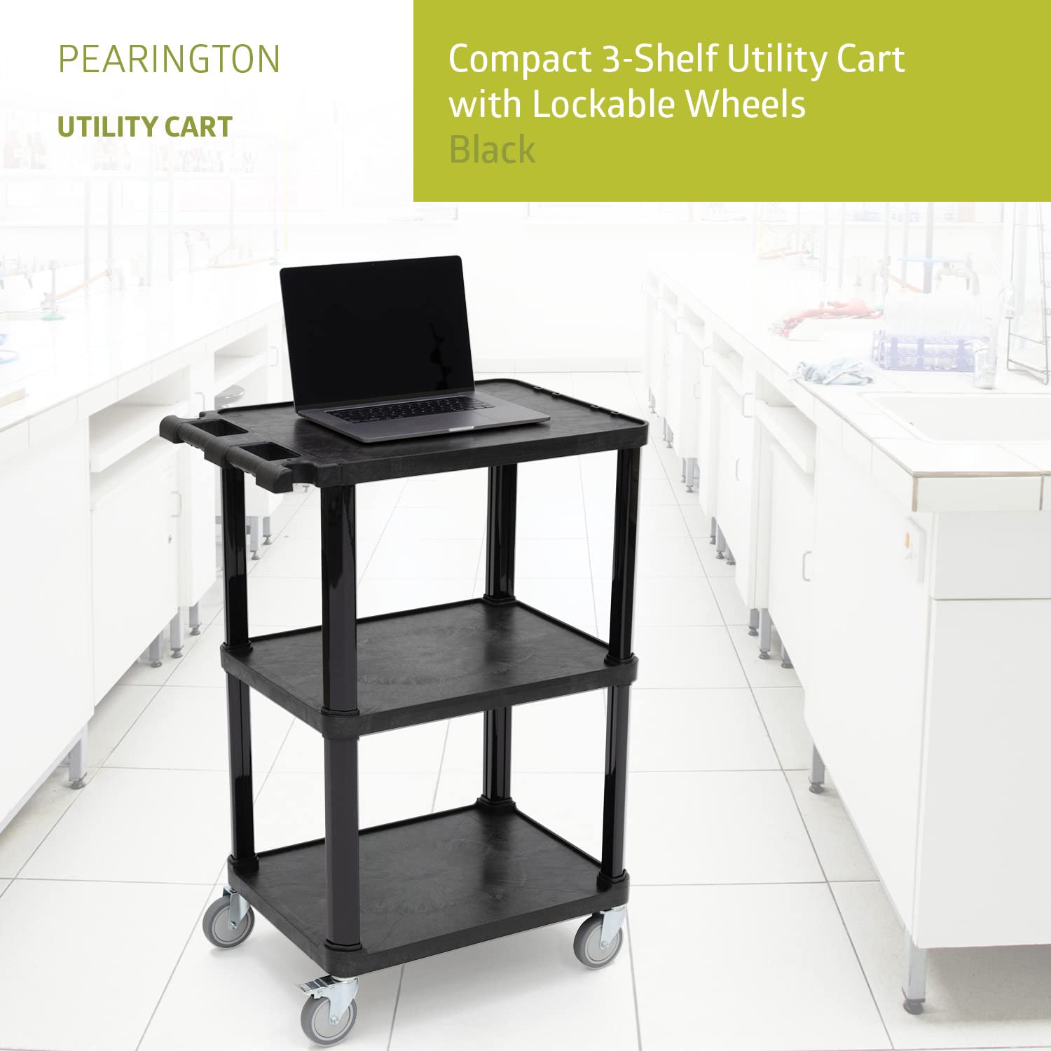 Pearington 3-Tier Compact Multi-Purpose Plastic Utility Cart with Lockable Wheels up to 300LBS, Black - WoodArtSupply