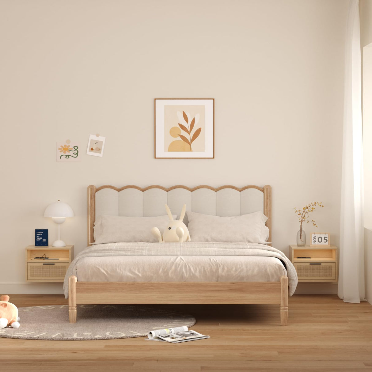 iyrany Floating nightstand Set of 2 with USB Ports, outlets, and led Light Strip – Modern Wall-Mounted nightstands with Oak and Rattan Design iyrany