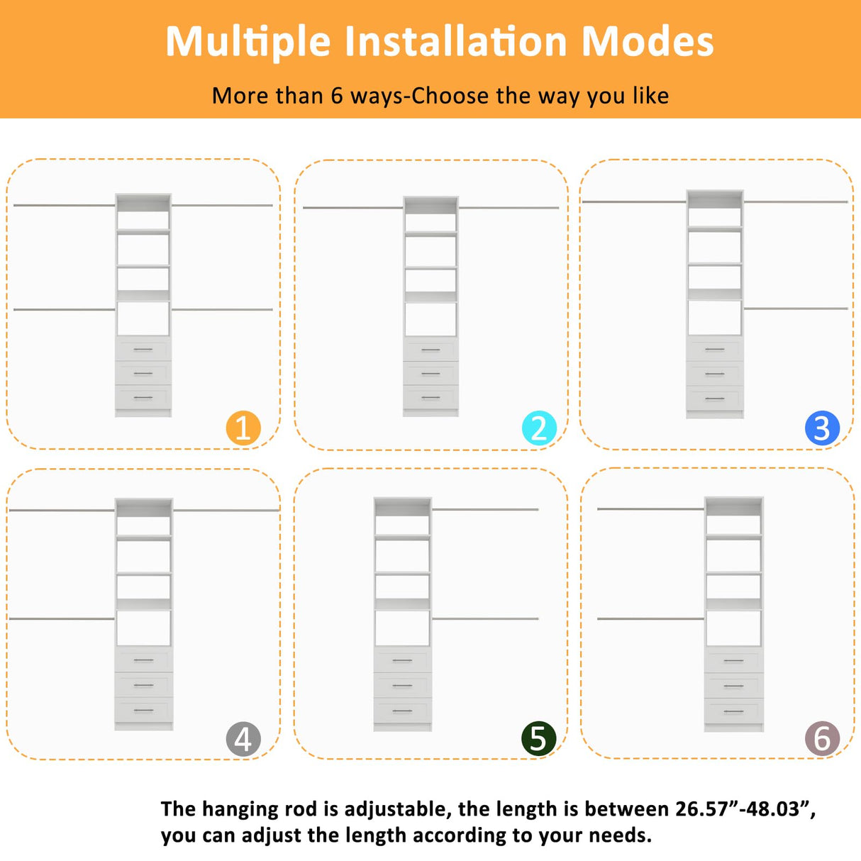 secilix Closet System, 5FT-8FT Closet Organizer System with 4 Expandable Hanging Rods and Moveable Shelves, 99" Walk in Closet System with 3 Wooden Drawers, Custom Built in Closet, Wall Mount (White) secilix