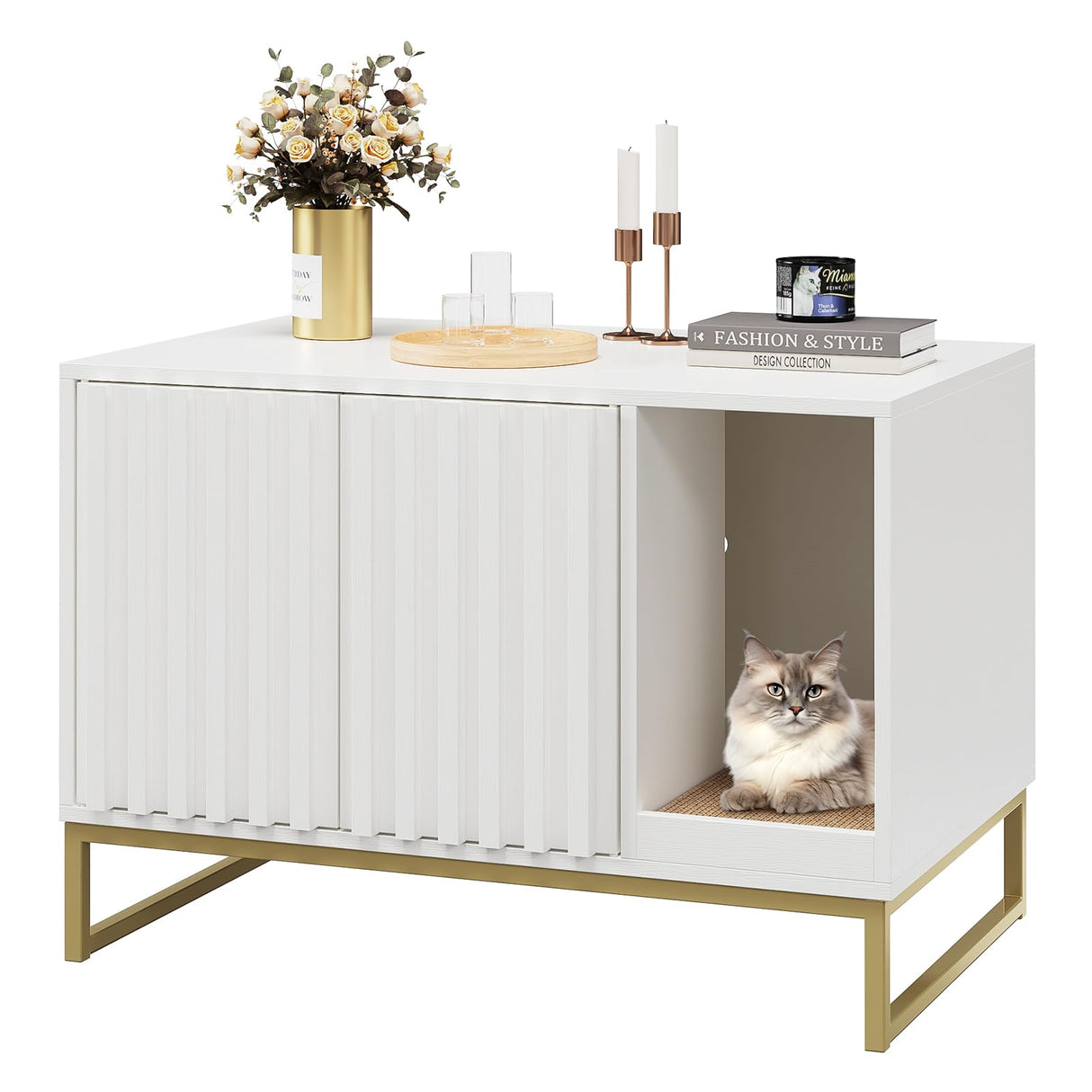 Halitaa Litter Box Enclosure, Modern Cat Litter Box Furniture Hidden Litter Box with Scratch Pad, Cat Washroom House End Table, Entryway Bench for Livingroom (White) Halitaa