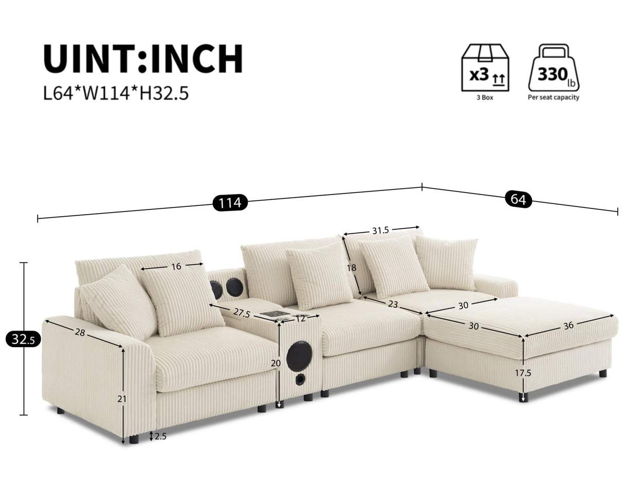 Merax 114 * 64" Corduroy Sectional Couches with Bluetooth Speakers, Storage, Ottoman & Pillows, Upholstered Modular Sofa Chaise with Console, USB Charger, Cup Holders for Living Room Apartment, Cream Merax