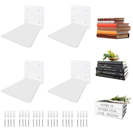 Atsgke Invisible Floating Bookshelf - Modern White Wall Mount Metal Shelves for Room, Bedroom Bookcase, Small Bookshelf with Minimalist Design, Sleek Storage for Books & Decoratives（4PCS） Atsgke