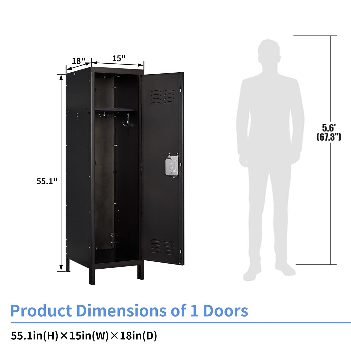 Yizosh Metal Locker with 1 Lockable Doors, Industrial Steel Storage Lockers for Employees - 55.1" Locker Storage Cabinets for School, Gym, Home, Office, Garage - WoodArtSupply