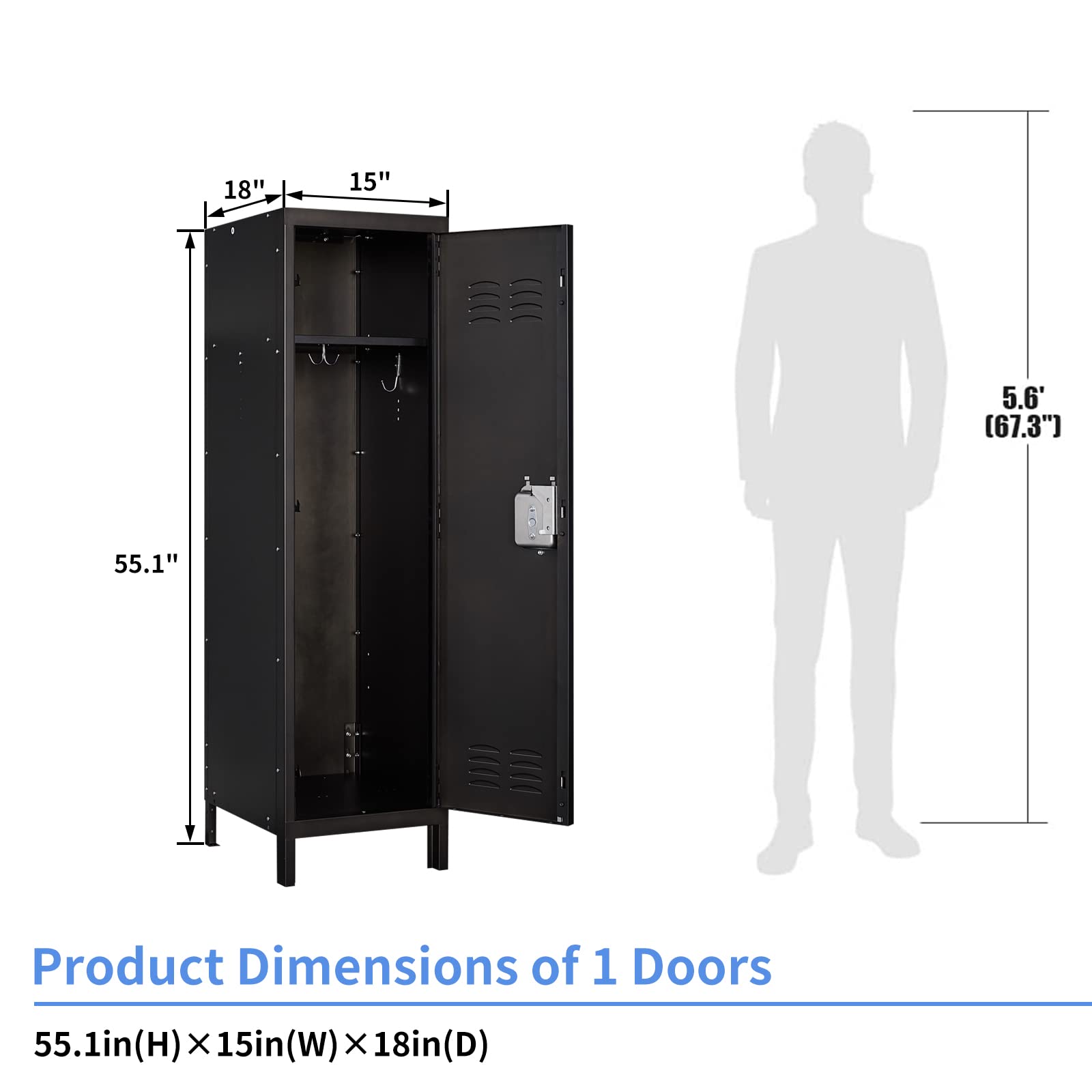 Yizosh Metal Locker with 1 Lockable Doors, Industrial Steel Storage Lockers for Employees - 55.1" Locker Storage Cabinets for School, Gym, Home, Office, Garage - WoodArtSupply