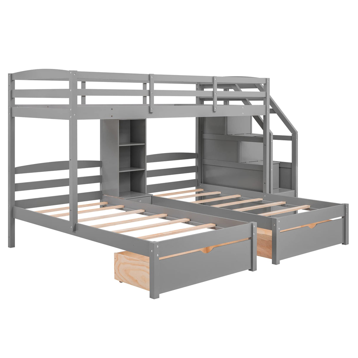 Triple Bunk Beds with Stairs and Storage Drawers, Twin Over Twin&Twin Bunk Bed for 3 Kids, Wooden 3 Bunk Beds Frame with Built-in Shelves for Kids,Teens, Adults, No Box Spring Needed (Gray) Harper & Bright Designs