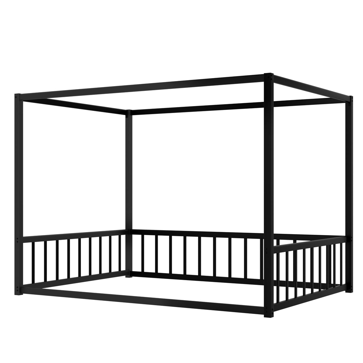 Full Size Canopy Bed Frame with 4 Posters and Guardrails, Full Size Montessori Floor Bed with High Fence, Anti Bump Design, Easy Assemble, Metal Montessori Bed Black Bellemave
