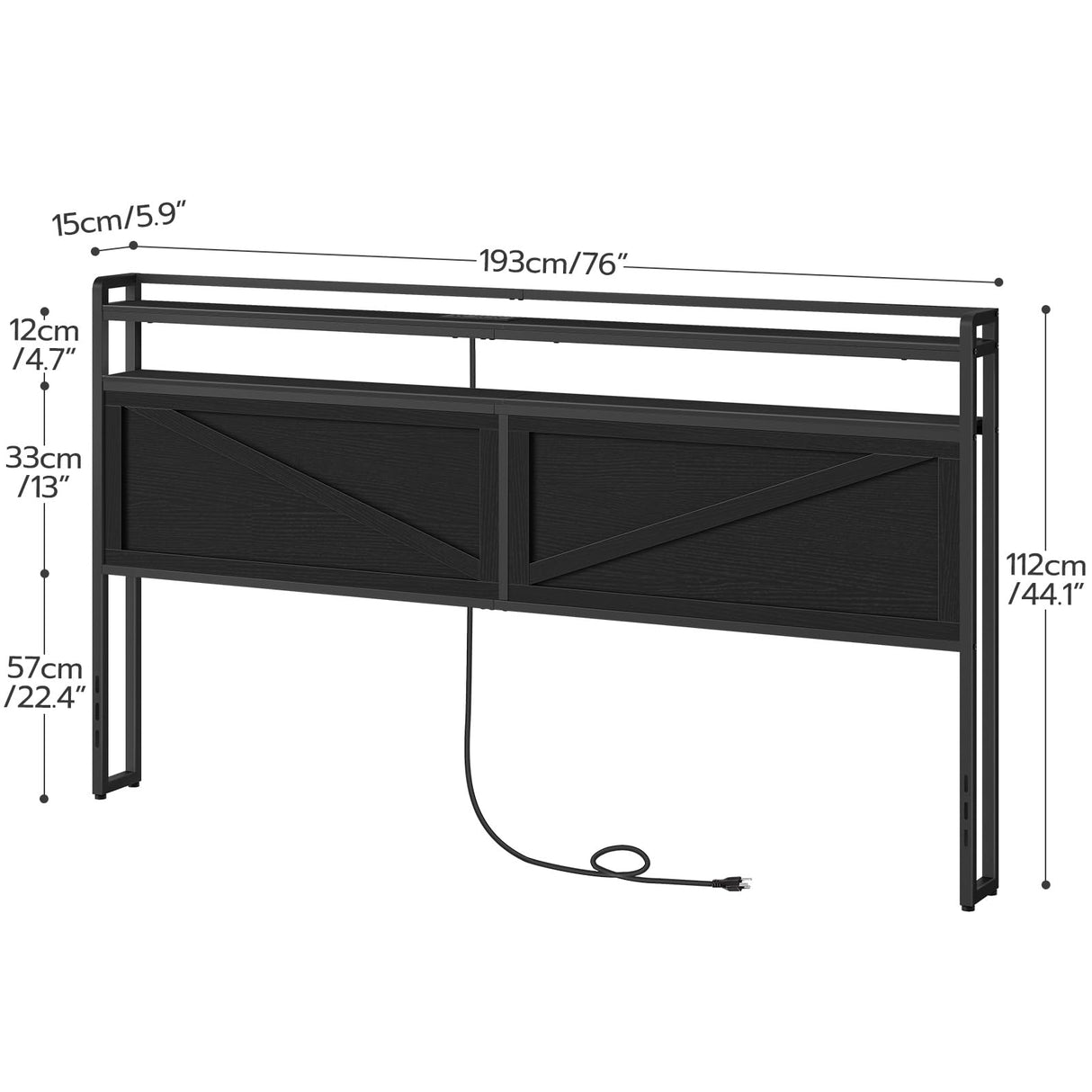 HOOBRO King Size Headboard, Headboard with Charging Station and LED Light Strip, 2-Tier Storage Headboard with Outlets and USB Ports, Industrial Style, Height Adjustable, for King Size Beds, Black HOOBRO