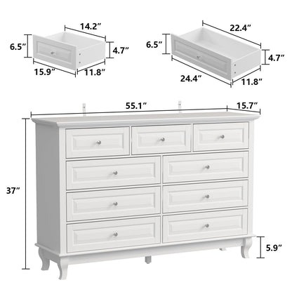 ECACAD Tall 9 Drawer Double Dresser with Carved Drawer Fronts & Solid Legs, 55.1" L White Modern Wood Storage Chest of Drawers for Bedroom, Living - WoodArtSupply