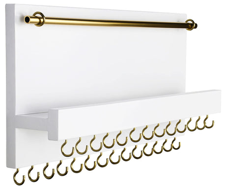 SANY DAYO HOME 27 Hooks Wall Mounted Necklace Holder 14 x 6 inch Hanging Rustic Wooden Jewelry Organizer with Removable Bracelet Rod and Shelf for Kids, Girls, Women - Ivory White SANY DAYO HOME