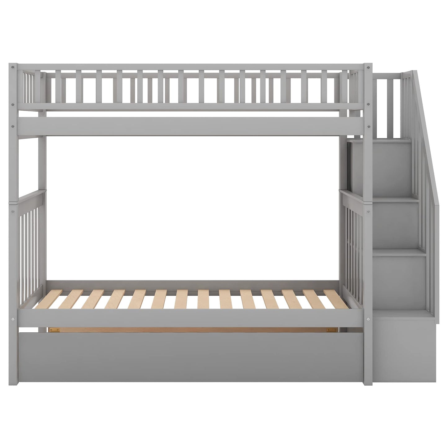 Harper & Bright Designs Twin Over Twin Bunk Bed with Stairs and Trundle, Solid Wood Stairway Bunk Bed Frame with Storage, Can be Split into 3 Separate beds, for Kids Teens Adults (Gray)