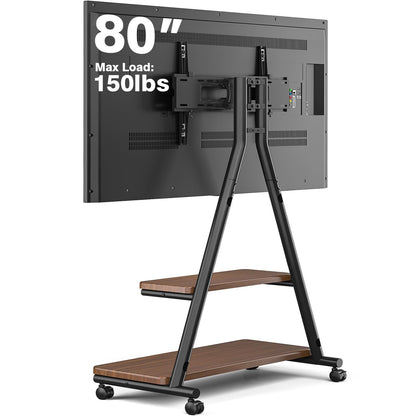 Rfiver Heavy Duty Rolling TV Stand for 43-80 Inch TVs up to 150lbs, Mobile TV Cart on Wheels with Dual Storage Shelves, Outdoor TV Stand with Tilt & Swivel Adjustment for Optimal Viewing Angles