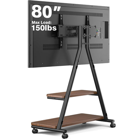 Rfiver Heavy Duty Rolling TV Stand for 43-80 Inch TVs up to 150lbs, Mobile TV Cart on Wheels with Dual Storage Shelves, Outdoor TV Stand with Tilt & Swivel Adjustment for Optimal Viewing Angles Rfiver