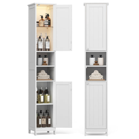 VASAGLE Tall Bathroom Cabinet with Lights, Slim Freestanding Bathroom Storage Cabinet, with Adjustable Shelves, Narrow for Small Spaces, Modern, 11.8 Inches Wide, Cloud White UBBC566W02 VASAGLE