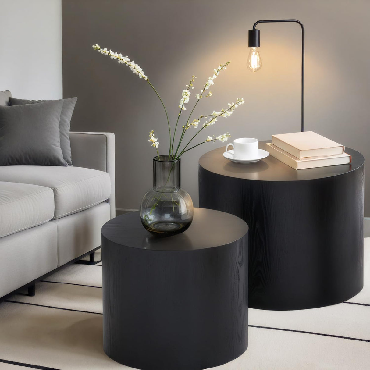Nesting Coffee Table Set of 2, Modern Round Coffee Table with Non-Slip Feet, Wooden Circle Side Table and Accent Furniture for Bedroom Balcony Lounge Home Office, No Assembling, Black ivoros