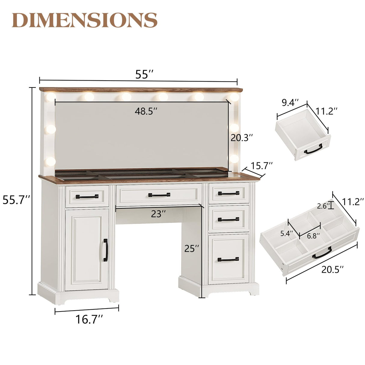 LUXOAK 55'' Farmhouse Vanity Desk with Mirror and Lights, Large Makeup Table with Charging Station, Glass Tabletop & 5 Drawers, Rustic Dressing Table for Bedroom, Antique White LUXOAK