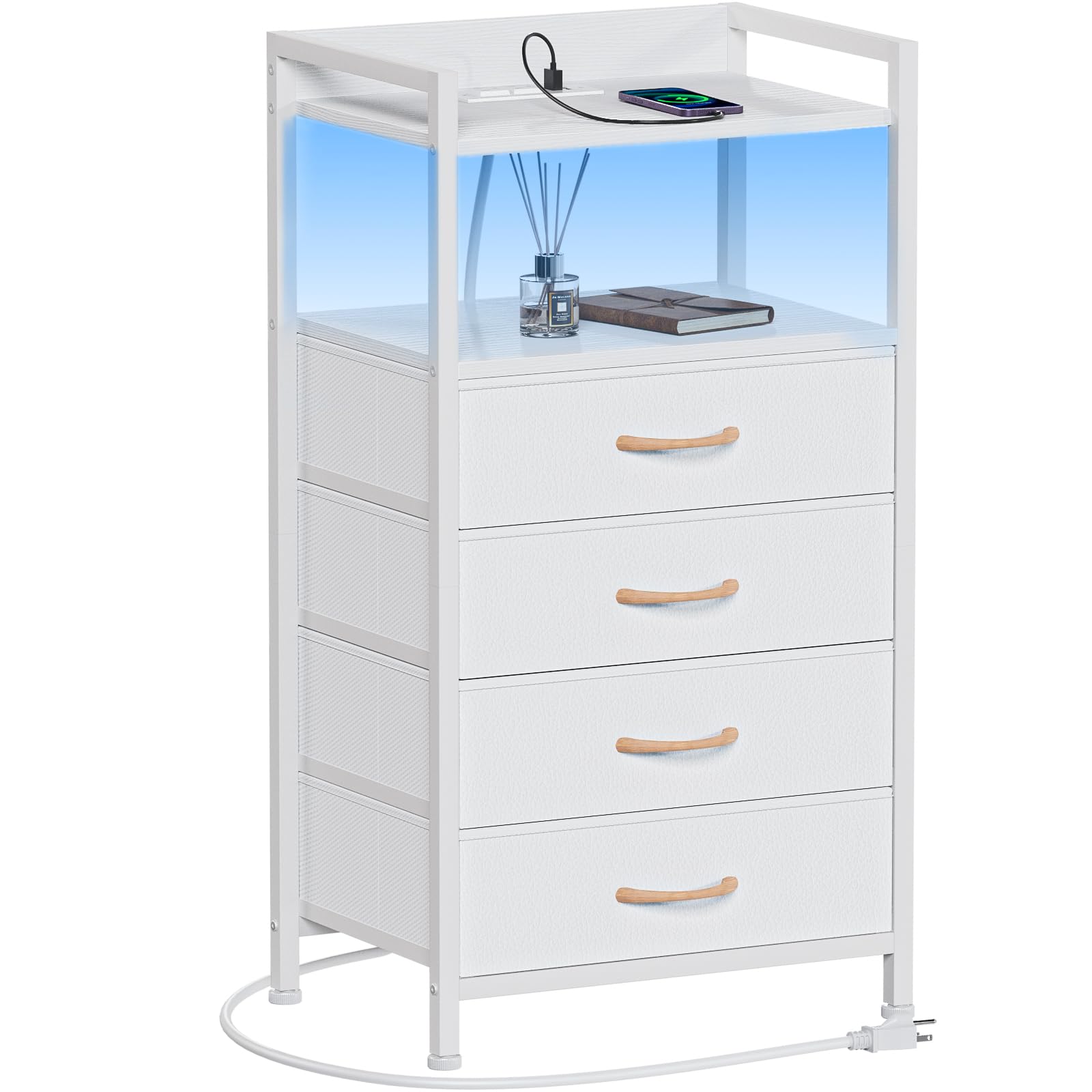 Furnulem White LED Nightstand with 4 Drawers, Charging Station, and Sturdy Metal Frame - WoodArtSupply