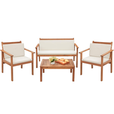Greesum 4 Piece Bistro Patio Furniture Outdoor Chat Chair Set with Water Resistant Cushions and Coffee Table for Beach Backyard Garden, Acacia Wood Greesum