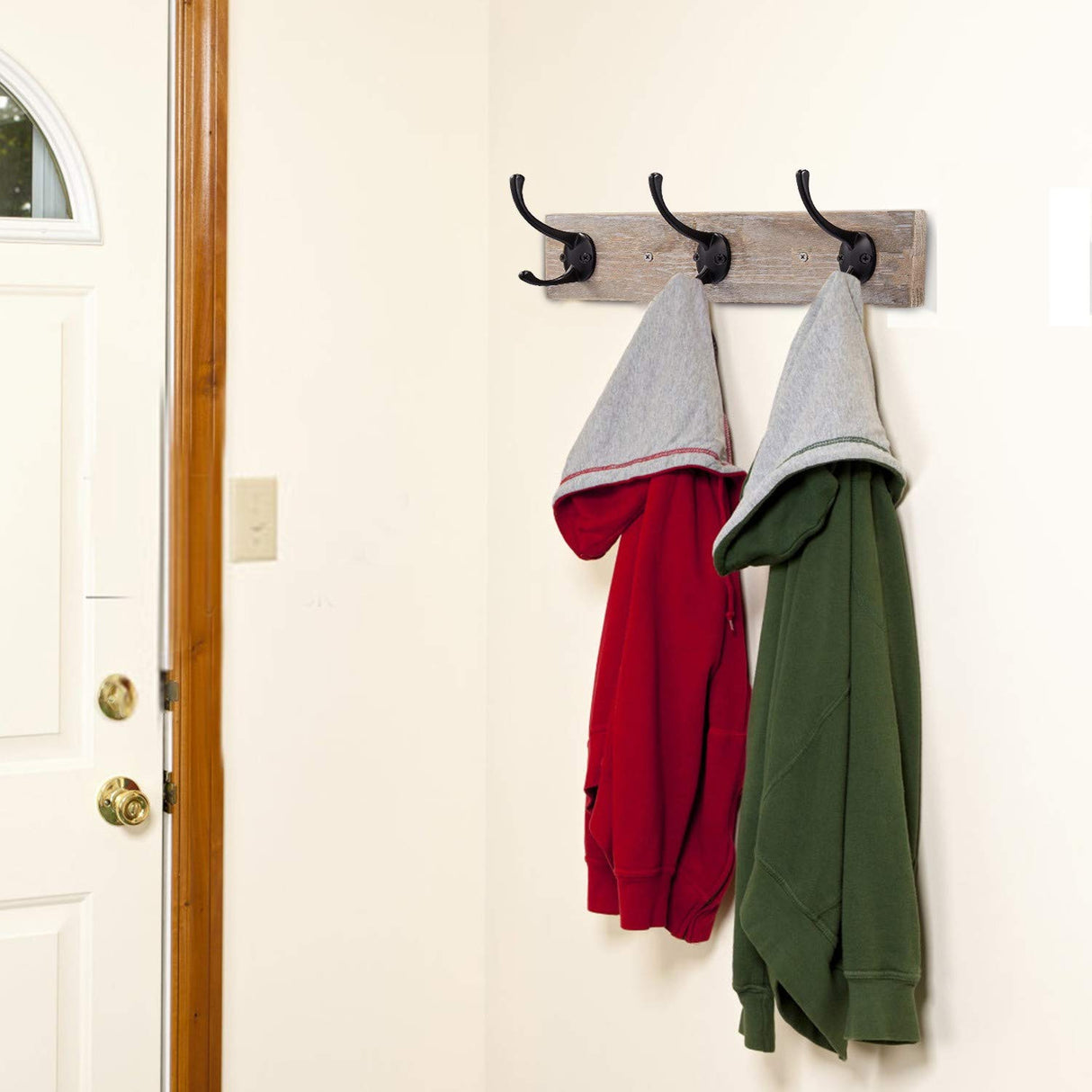 Sageme Wall Mounted Coat Rack,Wooden Entryway Vintage Rustic Coat Rack Hat Hanger Rack Zinc die-cast 3-Hook Rail for The Entryway, Bathroom, Bedroom, Kitchen, Mudroom (3 Hooks, Pinewood) Sageme