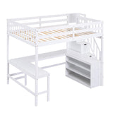 SOFTSEA White Full Loft Bed with L-Shaped Desk and Storage Stairs SOFTSEA
