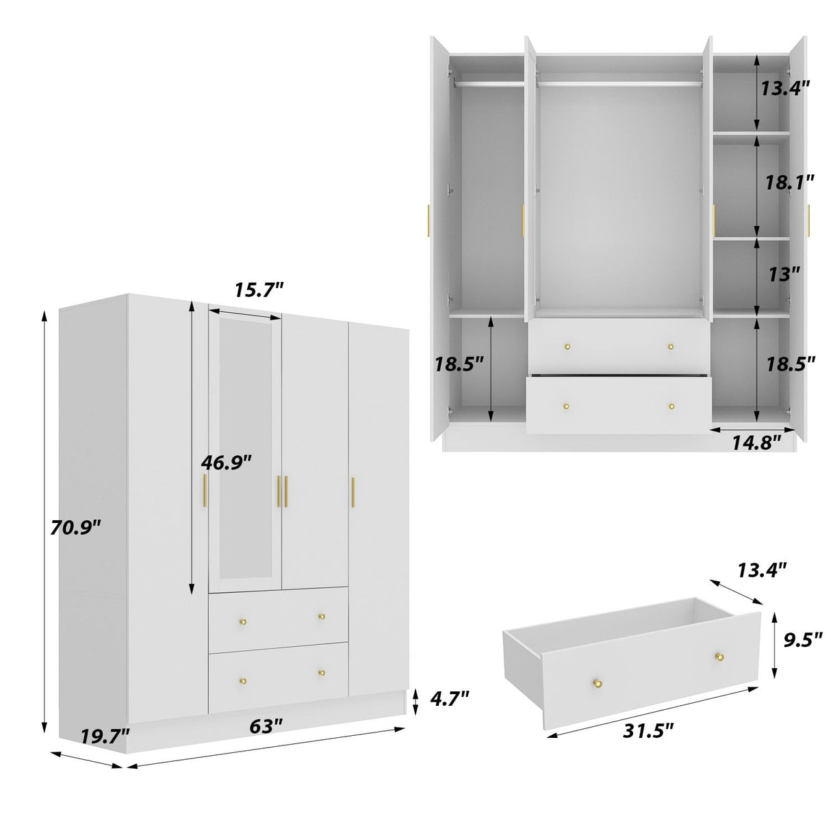 MOUMON 4 Door Wardrobe Armoire Closet with Mirror Door & Shelves, Armoire Wardrobe Closet with 2 Hanging Rods, Armoires and Wardrobes with 2 Drawers, White (63”W x 19.7”D x 70.9”H) MOUMON
