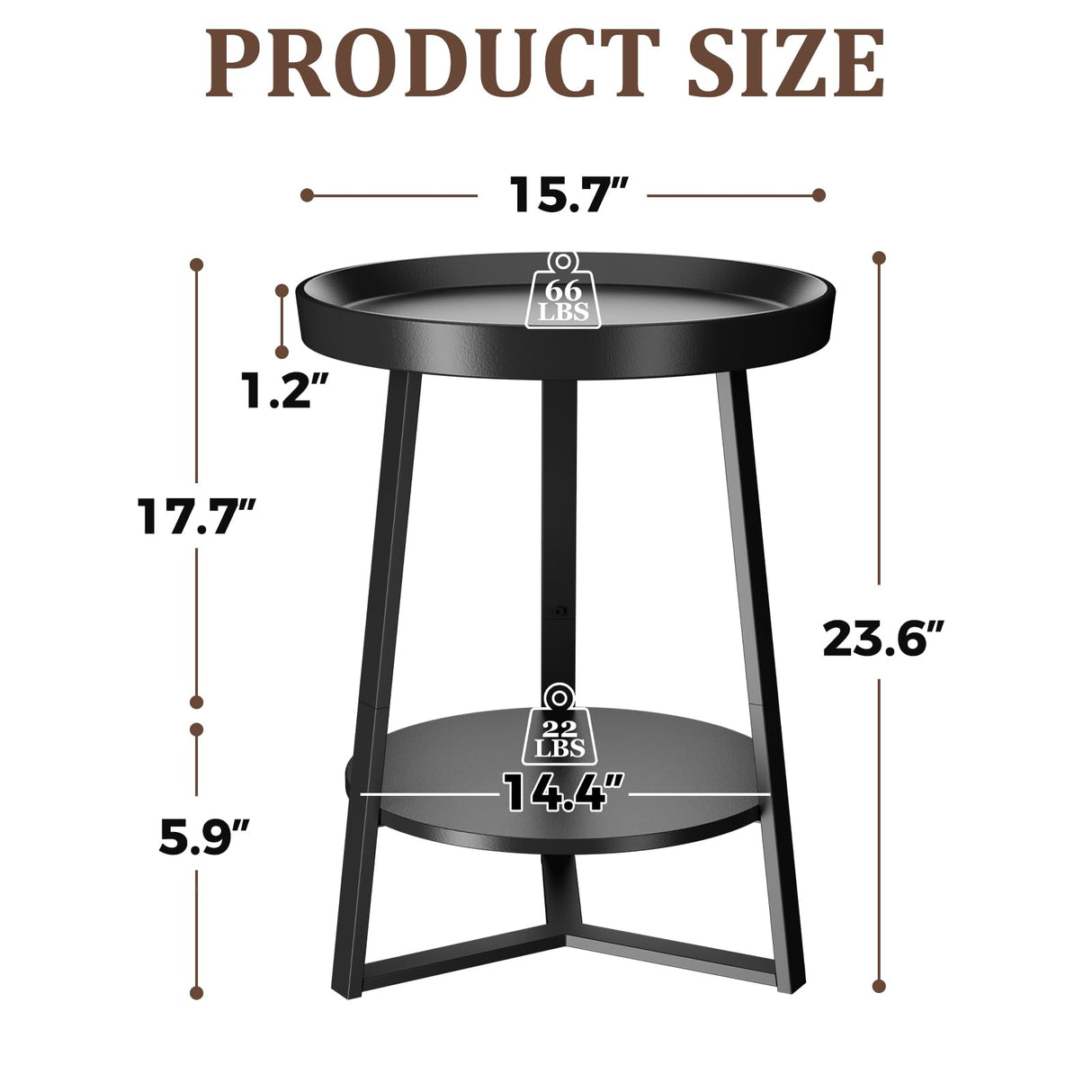 Gadroad Round End Table with Storage Shelf, 2 Tier Farmhouse Side Table Nightstand for Living Room, Bedroom, Wood Tabletop & Black Metal Frame, Black 15.7 * 15.7 * 23.6inches Gadroad