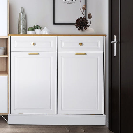 UEV Double Kitchen Trash Cabinets,Two Tilt Out Trash Cabinets with Solid Hideaway Drawers,Free Standing Wooden Kitchen Trash Can Recycling Cabinet Trash Can Holder (White) UEV