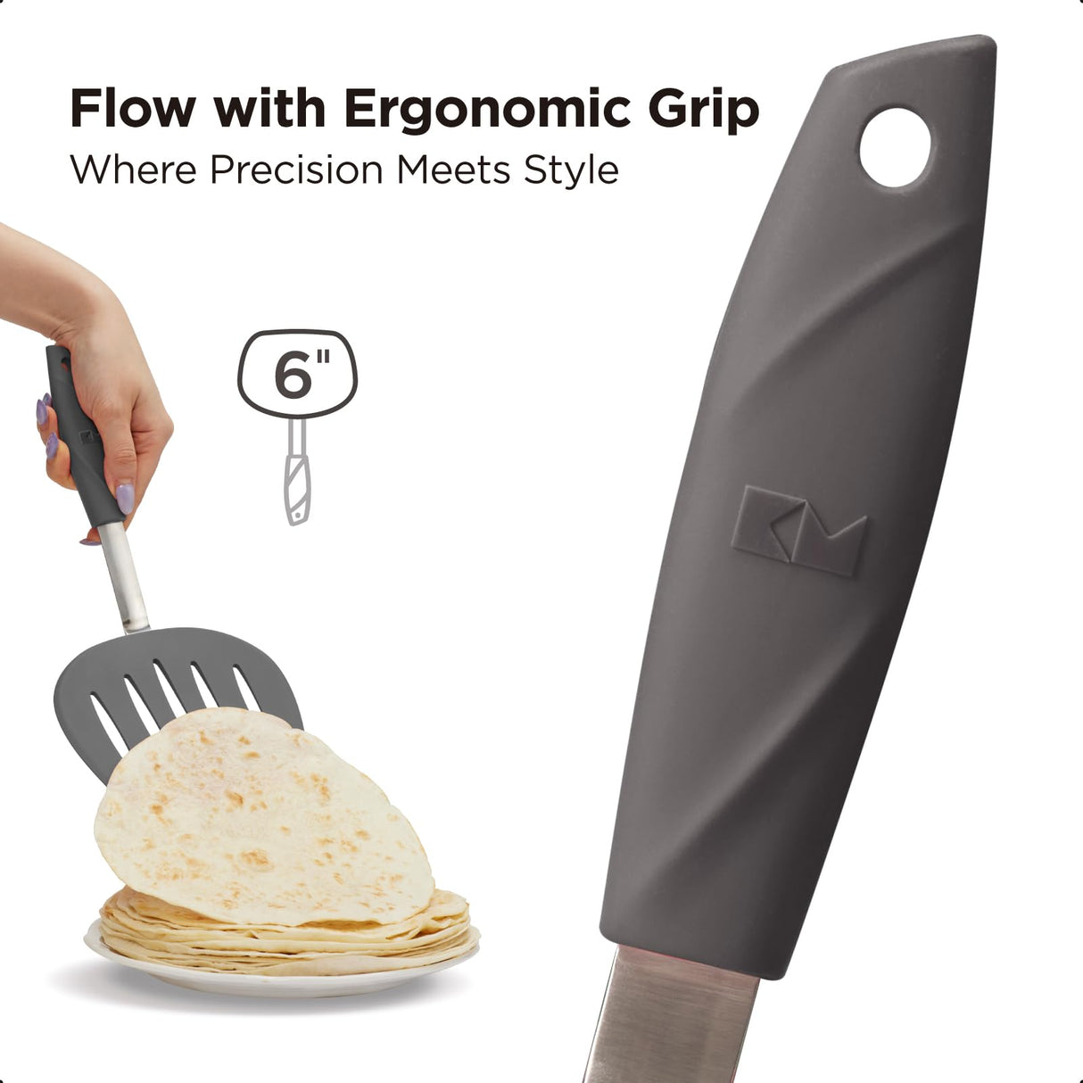 Kitchen Mama WaltzGrip Platinum Silicone Pancake Spatula Turner: Heat-Resistant, Slotted Tapered Head, Stainless Steel Core, Durable, Dishwasher-Safe, Ideal for Flipping and Wok Use (Metal Gray) Kitchen Mama