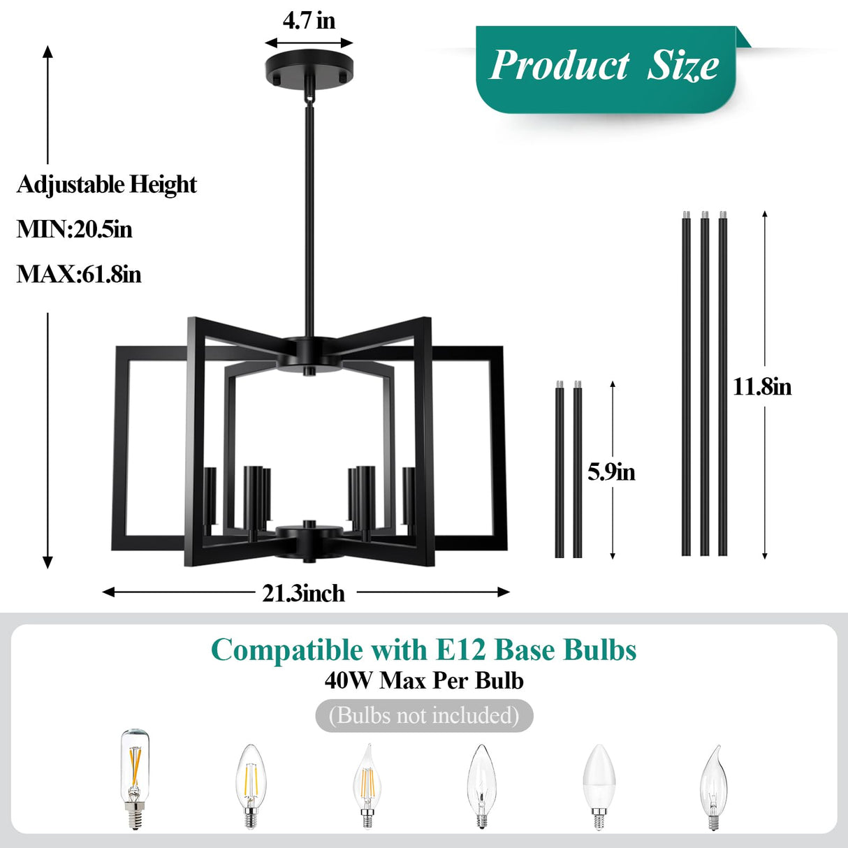 6-Light Black Chandelier, Farmhouse Dining Room Light Fixture, Large Modern Chandelier, Geometric Industrial Metal Hang Lighting Fixture for Foyer Entryway Kitchen Over Table Hallway Living Room Bairth