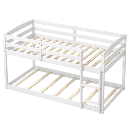 Giantex Twin Low Bunk Bed Frame - Solid Wood Twin Over Twin with Full Guardrails & Integrated Ladder, Space-Saving Design, White - WoodArtSupply