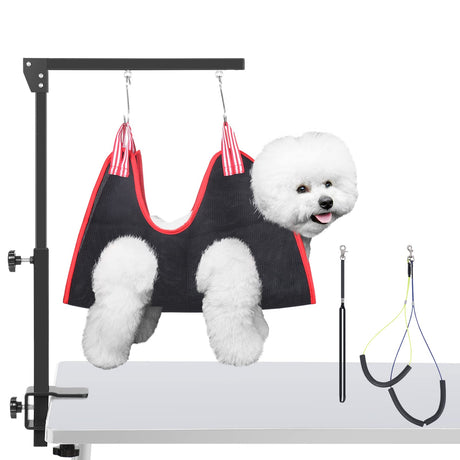 HIDOG Dog Grooming Arm with Clamp, Adjustable Dog Grooming Table Arm with Two No Sit Haunch Holder & Hammock Harness, Foldable Pet Grooming Supplies for Small Medium Dogs HIDOG