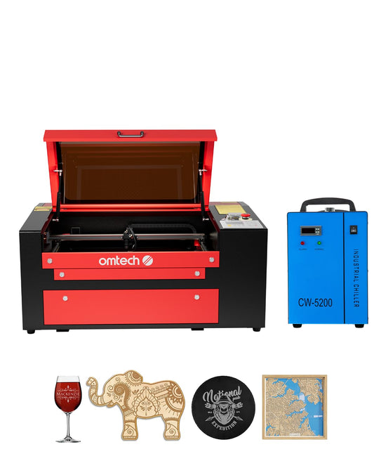 OMTech 60W CO2 Laser Engraver with Water Chiller, 24x16 Inch Laser Engraving Cutting Machine with 2 Way Pass Air Assist Water Pump, Commercial Laser Engraver Cutter for Wood Glass Acrylic Mor - WoodArtSupply