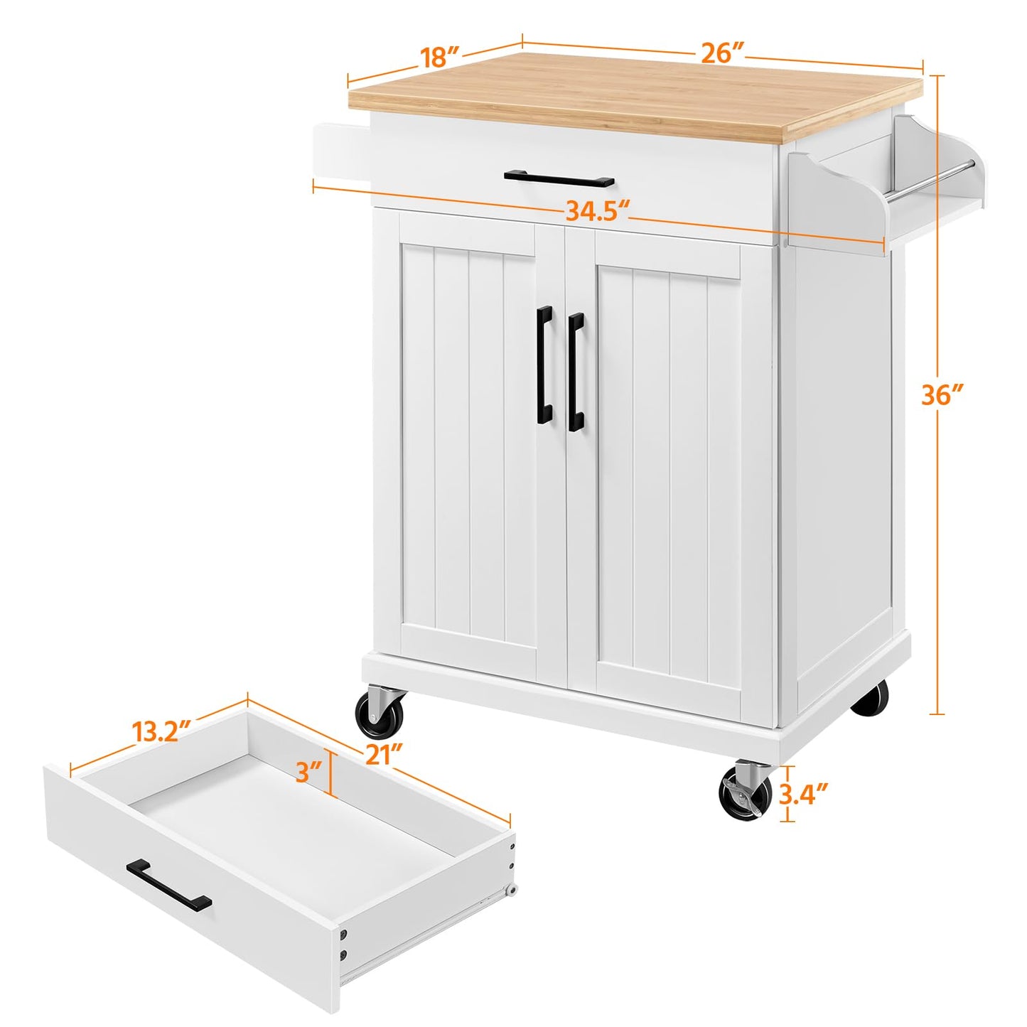 Topeakmart Kitchen Island Cart with Storage Cabinet and 1 Drawer, Rolling Kitchen Cart with Towel Rack & Spice Rack, Bamboo Countertop, White