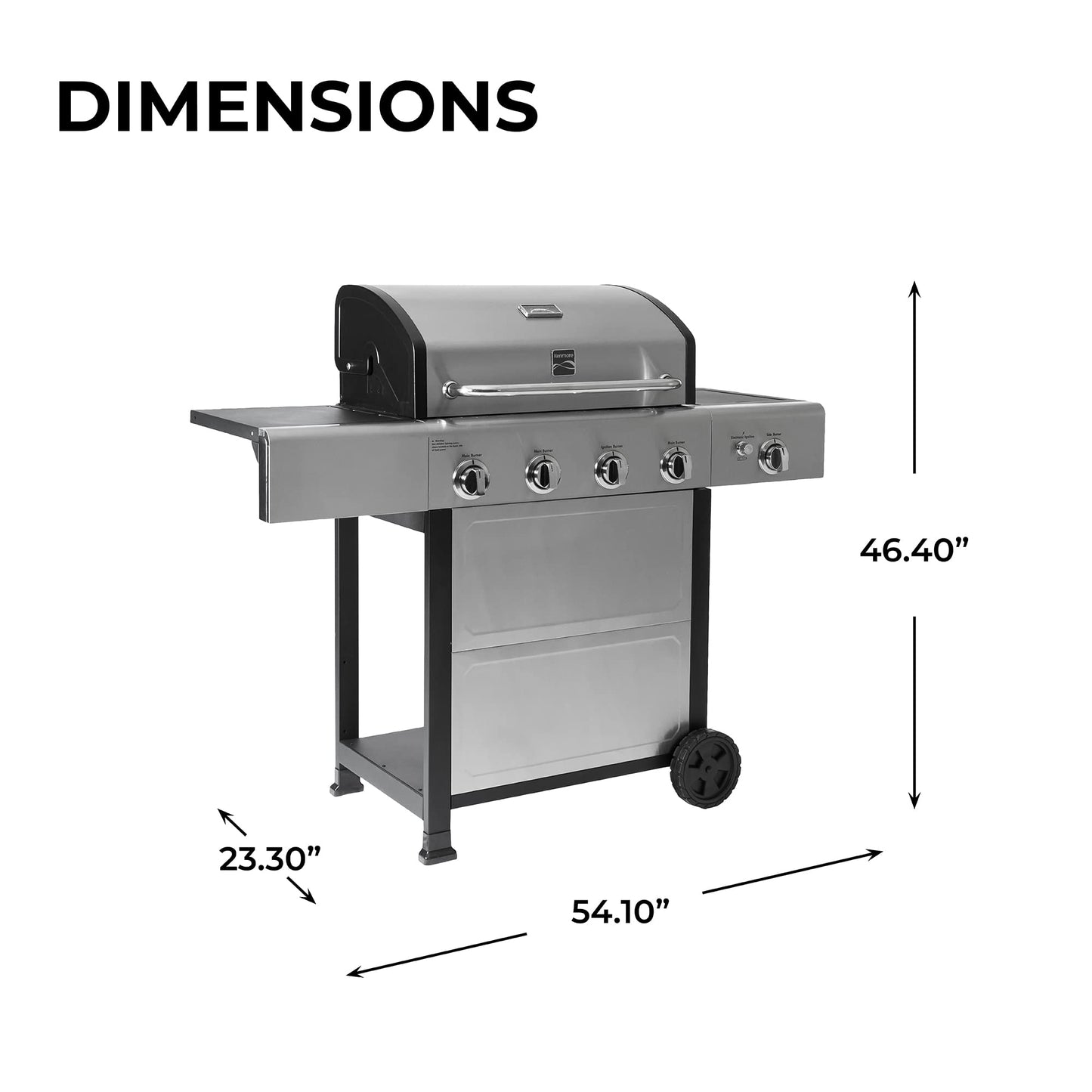 Kenmore 4-Burner BBQ Gas Grill with Side Burner, Outdoor Propane Grill, 53,000 BTUs, Cast Iron Cooking Grates, Electronic Ignition, Warming Rack, Open Cart Design & All-Terrain Wheels, Stainless Steel