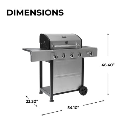 Kenmore 4-Burner BBQ Gas Grill with Side Burner, Outdoor Propane Grill, 53,000 BTUs, Cast Iron Cooking Grates, Electronic Ignition, Warming Rack, Open Cart Design & All-Terrain Wheels, Stainless Steel