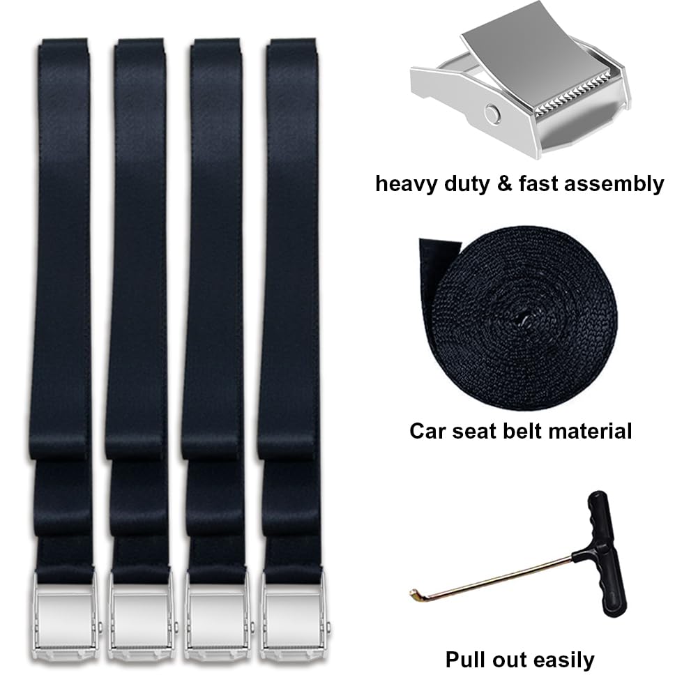 Eurmax USA Trampoline Stakes Heavy Duty Trampoline Parts Corkscrew Shape Steel Stakes Anchor Kit with T Hook for Trampolines -Set of 4 Bonus 4 Strong Belt,Black Eurmax